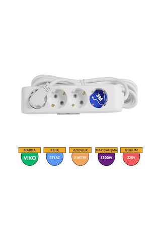 Viko Multi-let 4'lü Grup Priz Topraklı Çocuk Korumalı 3 Metre Beyaz - 90113403