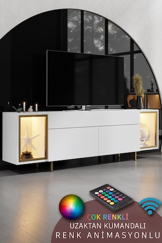 Zenith Gold Demir Ayaklı Rgb Led Işık Sistemli Beyaz Tv Ünitesi Tv Sehpası Beyaz - Altın