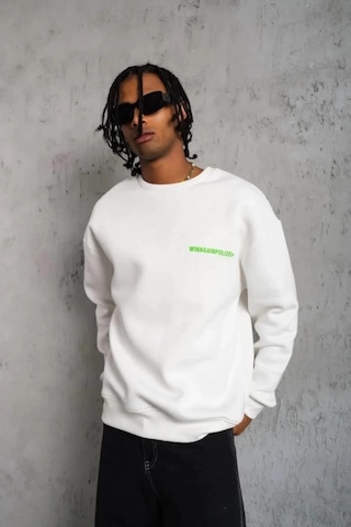 Defymoda Erkek Oversize Sweatshirt Beyaz Renk Ön Ve Sırt Baskılı, Üç İplik İçi Pamuklu Kumaş, Rahat Kalıp,