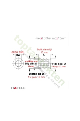 Hafele Dübel Çelik Galvaniz Havşa Başlı M6X13Mm