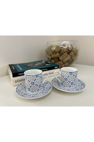 Motifli Porselen Fincan Takımı - 2 Kişilik Mavi Beyaz