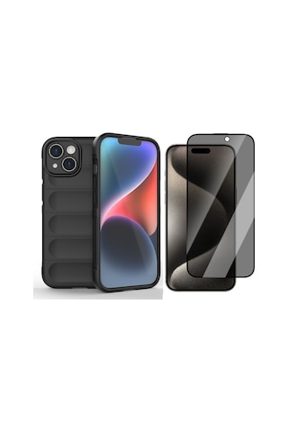 Vendas Apple iPhone Uyumlu 15 Kılıf Esnek Tpu Oyuklu Arka Yüzey Zore Etnik Silikon Kapak + Hayalet Ekran Koruyucu Siyah