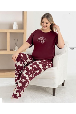 Pijamoni Kadın Milan Büyük Beden Bisiklet Yaka Kısa Kol İnce Pijama Takımı 7665/13b - 1 Adet Bordo