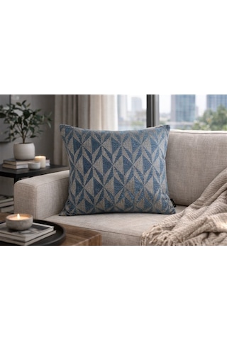 Mavi Geometrik Desenli Keten Kırlent Kılıfı 43x43 Cm Premium Collection Mavi - Gri