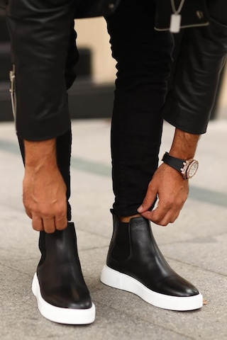 Shoetyle - Siyah Hakiki Deri Erkek Chelsea Bot - Beyaz Taban - 250-041 -1164 Siyah
