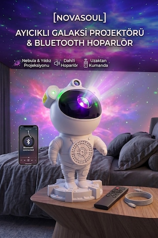 Ayıcıklı Astronot Galaksi Projektörü Ve Bluetooth Hoparlörlü Yıldız Gece Lambası Beyaz