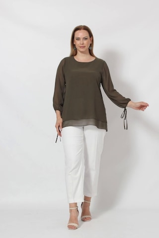 3243-1 Haki Kol Ucu Bağlama Detaylı Bluz Haki