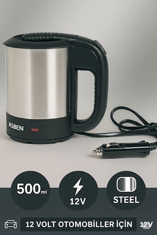 Asben 12 Volt Oto Araç Kettle Araba Su Isıtıcı Çelik Kettle Yarım Litre Hacim