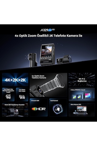 A329t 3 Kameralı Ön+iç+arka 4k+2k+2k Wi-fi 6 Hdr Sony Starvıs 2 Sensör Gps'li Ssd Destekli Araç Kamerası