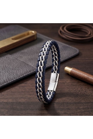 Premium Parlak Ve Şık Lacivert Çift Zincir 316l Çelik Ve Deri Bileklik 31834b2d6-21 Cm