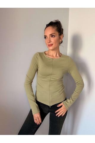 Ali Butik Çağla Çift Fermuarlı Uzun Kollu Bluz Çağla