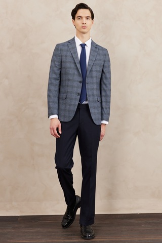 AC&Co / Altınyıldız Classics Erkek Mavi Slim Fit Dar Kesim Mono Yaka Ekose Desenli Çift Pantolonlu Takım Elbise 4A3523100001MAV506N Mavi
