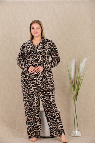 Kapsulavm Büyük Beden Leopar Desenli Düğmeli Uzun Kol Viskon Pijama Takımı Leopar