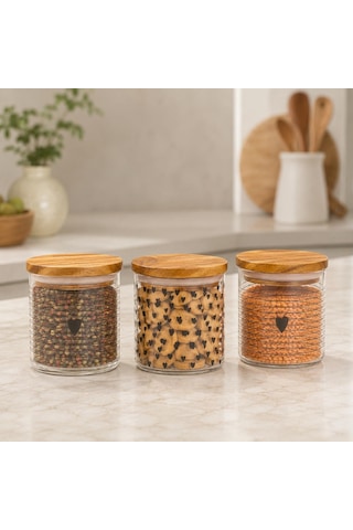 Tr 3'lü Heart Cam Kavanoz Seti 250 Ml, Bambu Kapaklı Kalp Desenli Cam Saklama Kabı, Kahve Şeker Baharat Kuruyemiş Genel