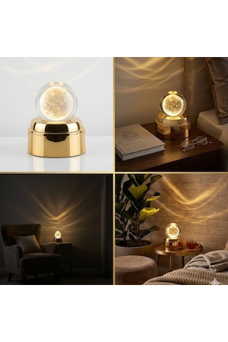 Deinhaus Kristal Küre Ay Lambası, Altın Renkli Taban, Led Işıklı, Masa Lambası, 15 Cm, Sıcak Beyaz Işık Diğer