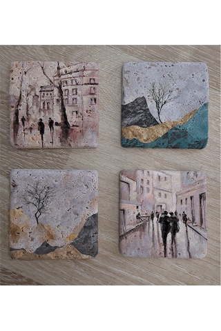 Modern Şehir Ve Manzaralar Doğal Taş Bardak Altlığı 4'lü Set - Natural Stone Coasters - Taş Çok Renkli
