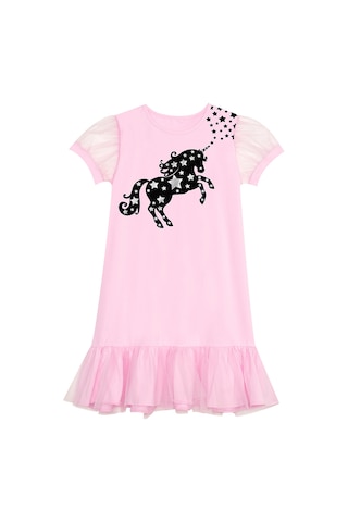 Denokids Yıldızlı Unicorn Kız Çocuk Pembe Tüllü Fırfırlı Yazlık Elbise