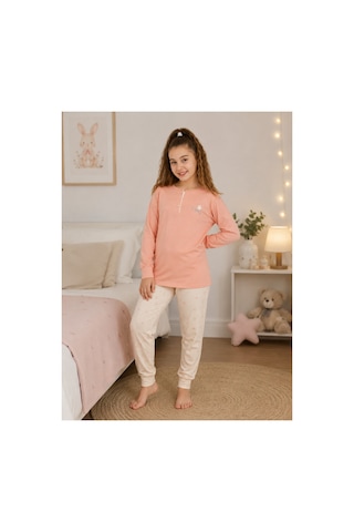 Formo Kız Çocuk %100 Doğal Pamuk Manşet Paça Uzun Kollu Pijama Takımı Somon