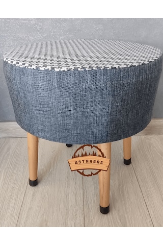 Puf Koltuk Tabure - Lacivert Keten Örme Kaz Ayağı - Ahşap Gürgen