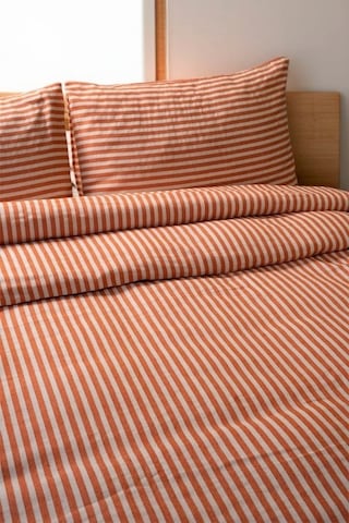 Turuncu Çizgili Keten Nevresim Yastık Seti 200x220 Cm Renkli