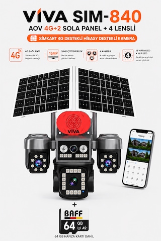 Viva Sim-840 Çift Güneş Panelli 4g Sim Kartlı Kablosuz 4 Lensli Güvenlik Kamerası 16mp Ptz 64gb Hafıza Kart Dahil