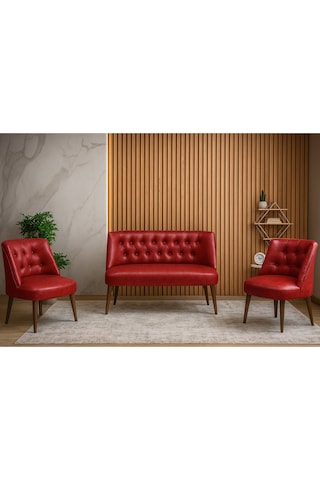 Milano 3 Lü Deri Oturma Grubu 2 Berjer + 1 İkili Koltuk Ofis & Ev Kullanımı Kırmızı Kırmızı