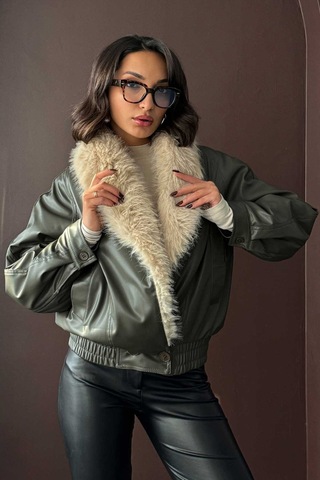 Verymoda Yakası Kürklü Kruvaze Deri Mont F2050 Haki