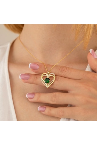 Gümüş Pazarım Zümrüt Taşlı Altın Kaplama Kalp Gümüş Kolye