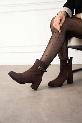 Dabab Shoes Lunara Kadın Kahve Süet Tokalı Topuklu Kısa Konç Bot Bootie Kahverengi