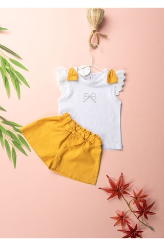 Novy Baby Fiyonklu Taş Baskılı Tshirt Şortlu Kız Çocuk 2'li Takım 2-5 Yaş