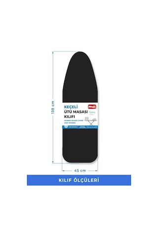 Ütü Masası Kılıfı Örtüsü Bezi, Teflon Kaplamalı Siyah Süngerli Ve Keçeli, Yanmaz, Ayarlanabilir 48x138 Cm