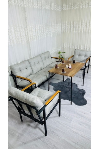 Madame Home Açelya Balkon, Bahçe, Cafe - Salon - Metal Kanepe Koltuk Takımı 3+1+1 + Masa Açık Gri