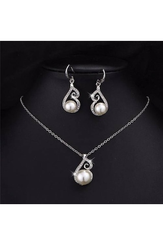 Pırlanta İşlemeli İnci Takı Seti Kolye Küpe, Sevgililer Günü