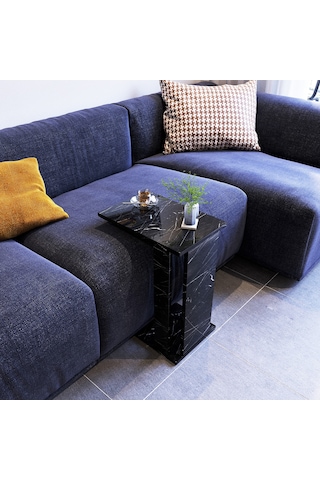 Pasific Home Single Çok Amaçlı Tekerlekli C Sehpa ,Koltuk Sehpası - Siyah Mermer