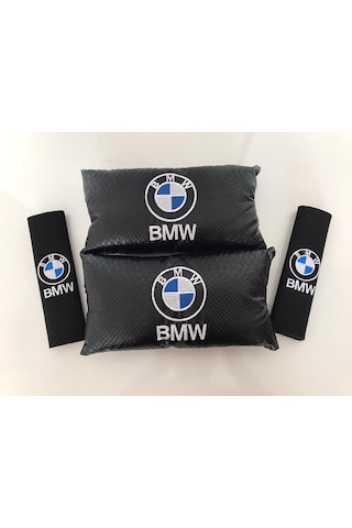 Bmw Nakışlı Deri 2 Adet Boyun Yastık Ve 2 Adet Kemer Pedi Siyah