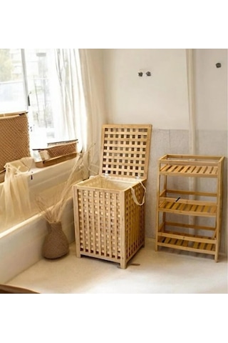 Büyük Boy Ahşap Bambu Kirli Sepeti 45x45x62 Diğer