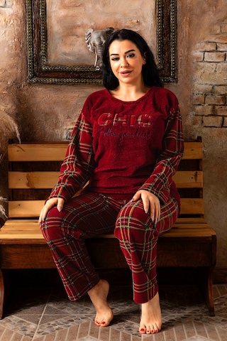 Nisanca Büyük Beden Peluş Polar Pijama Takımı- Kışlık Büyük Beden Kadın Pijama Bordo