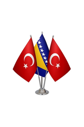 Masa Üstü Bosna Hersek Bayrağı Türk Bayrağı Üçlü Krom Direk Masa
