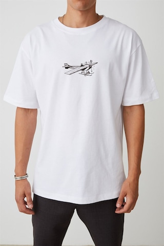 Thewert Unisex Antika Uçak Baskılı Beyaz Oversize Tshirt