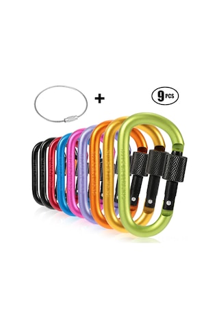 Geeksen 9 Adet Alüminyum D Tipi Kamp Halka + 1 Çelik Tel Çember - Hafif, Dayanıklı, Çanta, Anahtar, Tente Asma İçin - Doğa Sporları Yardımcısı Çok Renkli