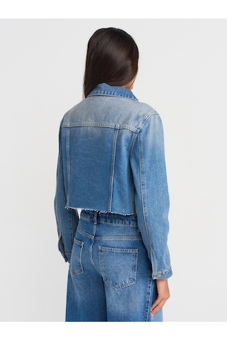 Dilvin 65366 Fleto Cepli Crop Denim Ceket-mavi Mavi