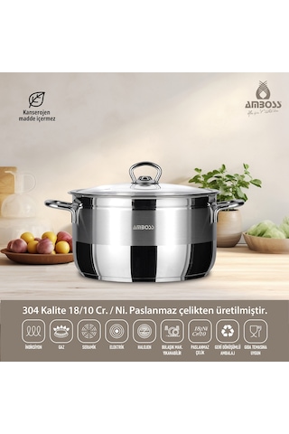 Amboss Saphire Paslanmaz Çelik Cam Kapaklı Derin Tencere - 28 Cm
