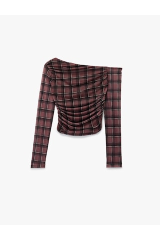Koton Asimetrik Yaka Uzun Kollu Drape Detaylı Ekose Tişört Bordo Ekose 6wal10437ık