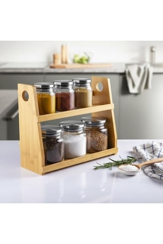 8 Parça Borosilikat Cam Baharatlık Seti 700 Ml - Paslanmaz Çelik Kapaklı Ve Bambu Kapak Sçenekli 2 Katlı Bambu Standlı Tezgah Üstü Erzak Kabı Ve Mutfak Düzenleyici Organizer Bambu Kapak Diğer