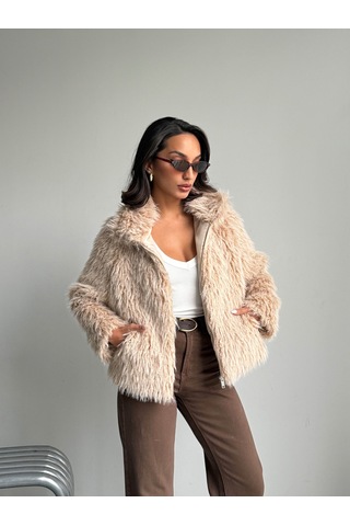 Verymoda Yapay Kürk Kadın Ceket Fermuarlı, Yumuşak Dokulu Modern Kışlık Mont F2037 Taş