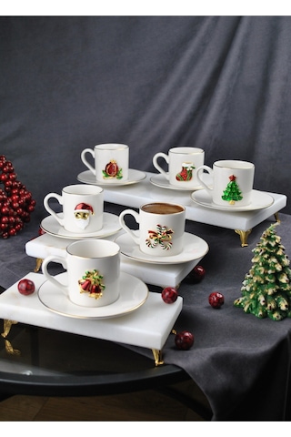 6 Kişilik Yılbaşı Dekorlu Porselen Kahve Fincan Takımı 90 Ml Yeni Yıl Noel 12 Parça Beyaz