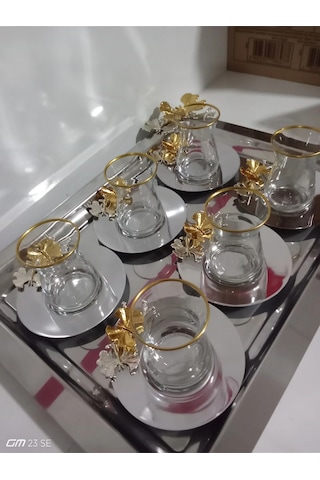 Alfafe Home 6 Kişilik Çay Seti Kelebek Detaylı Metalik Gri