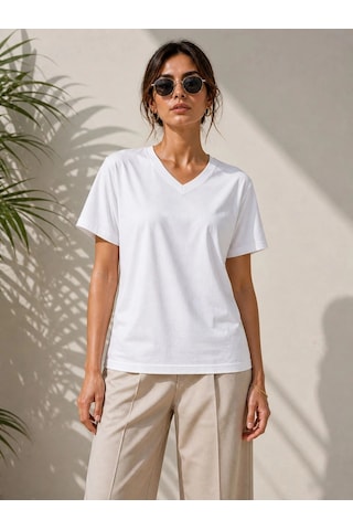 Novalisse Kadın V Yaka Basic Tişört Kısa Kol Yazlık Regular Fit T-shirt - Beyaz Çoklu Renk