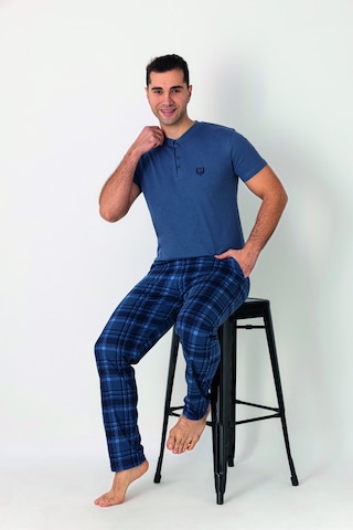 Estiva Erkek Kareli Alt Desenli Mavi Kısa Kollu Patlı Penye Pijama Takımı Çok renkli