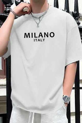 Erkek Milano Baskılı Oversize Tshirt Beyaz